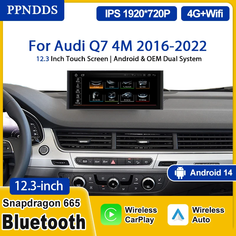PPNDDS Android 14 Kabelloses Carplay für Audi Q7 4M 2016-2022 GPS Radio Multimedia Stereo Player MMI 2G 3G Qualcomm Navigation