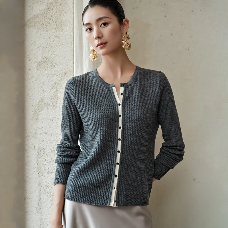 

Basic 100% Merino Wool Cardigan Sweater Autumn Winter O-Neck Soft Pullover Women Long Sleeve Knitwear Clothing Tops