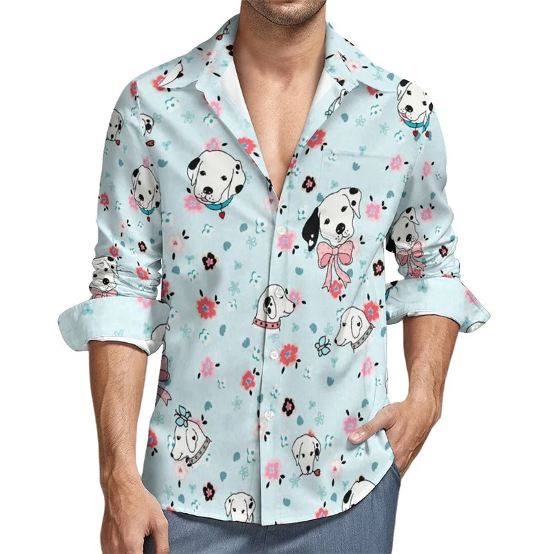 Cute Dalmatian Print Casual Shirt Men\'s Puppy shirt Autumn Fashion shirt Long sleeve top