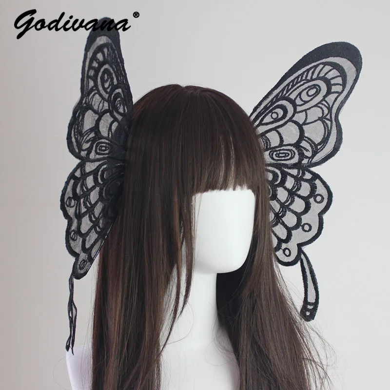 Handmade Black and White Concave Butterfly Wing Side Clip Ghthic Girl Women's Lolita Lace Wings Hair Accessories Hairclips