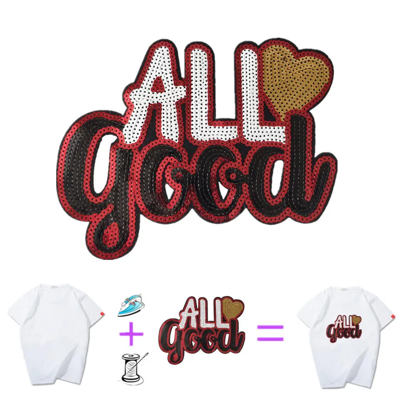 Clothing Women Shirt Top Diy Letter Patch Black Red Sequins deal with it T-shirt Iron on Patches for clothes Stickers