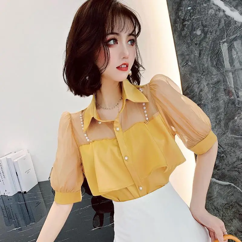 High-end Shirt for Women Short-sleeved Mesh Splicing Beads Korean Style Loose Design Niche Top 2025 Summer New Style