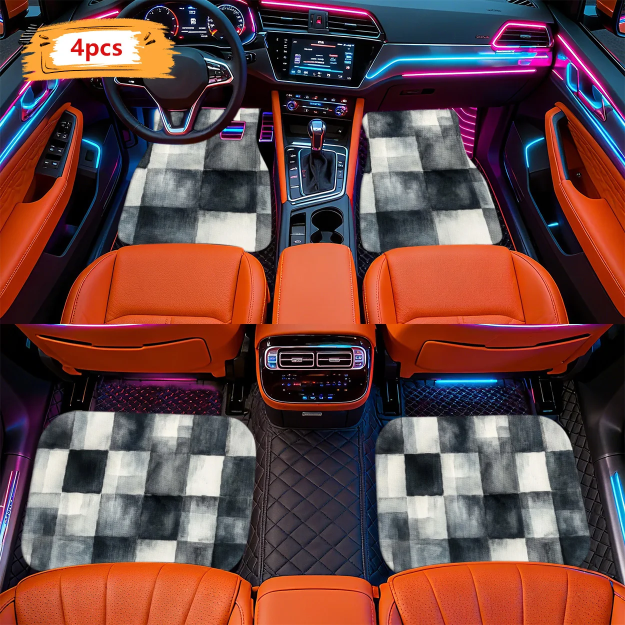 4pcs Modern Minimalist Black And White Checkered Floor Mats | Durable Polyester Fiber, Non-Slip, Easy To Clean, Universal Fit Fo