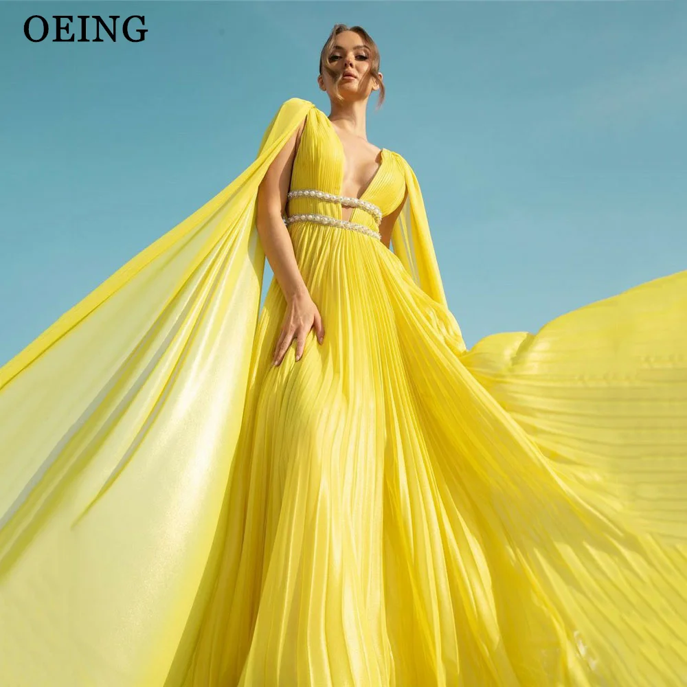 

OEING Yellow Prom Dresses Sexy Deep V Neck Ruffles Tiered Pleated Cape Sleeves Evening Gowns With Belt Formal Party Dress