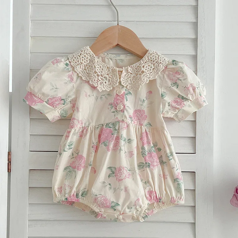 Body d'été pour bébés filles, manches courtes, en coton imprimé, épissure de dentelle, combinaison pour bébés en bas âge, vêtements pour enfants, nouvelle collection 2025