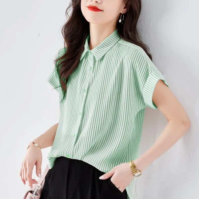 XEJ Striped Chiffon Shirt for Women Elegant Women\'s Short Sleeve Blouse Korean Style Women Clothing Tunic Woman Summer 2024