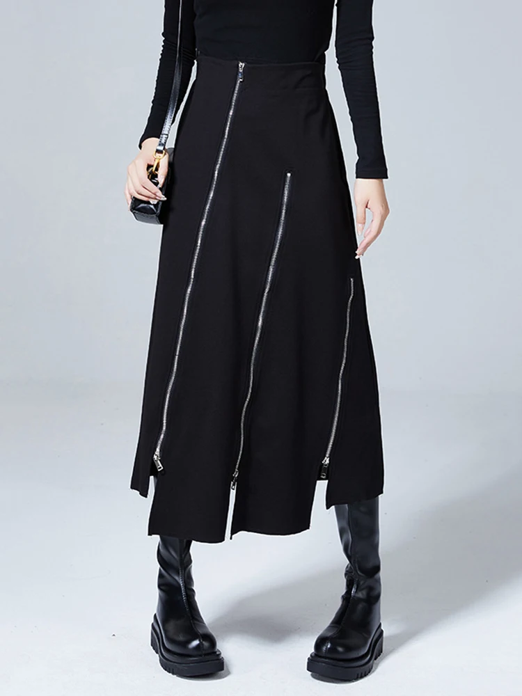 High Waist Black Zipper Irregular Design Long Casual Half-body Skirt Women Fashion Tide New Spring Autumn