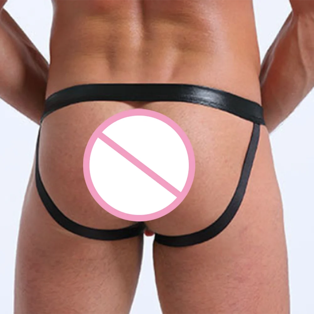 Adjustable Men Sexy Faux Leather Thong Jockstrap Gay Mens Underwear Wet Look G String Lingerie Buttocks Hollow Underpants