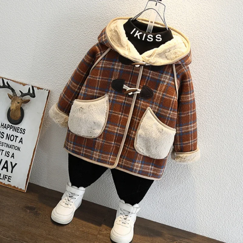 Boys Woolen Coats Jackets Plus Thicken 2024 Furs Warm Velvet Winter Autumn Cotton Tracksuit Sport Children's Clothing