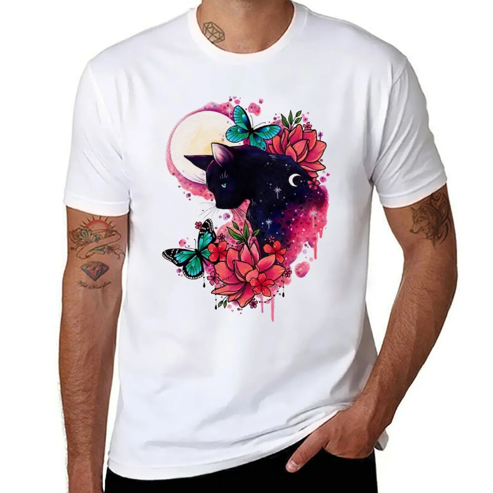 

Midnight Cat watercolor design T-Shirt men t shirt cotton 100% printed t shirts for man T-Shirt