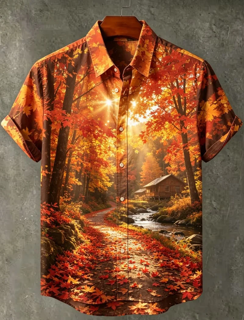 Men's Landscape Print Short Sleeve Shirt, for Nature Outings, Art Events, Casual Strolls and Laid-Back Summer Plans