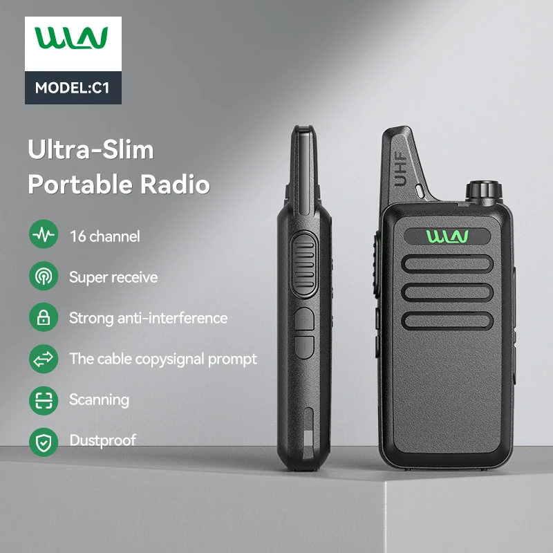 2PCS WLN KD-C1 Mini Walkie Talkie USB Charger UHF 400-470MHz Slim Transceiver 16CH Long Range Ham Two Way Radio Gift Kids KD-C1T