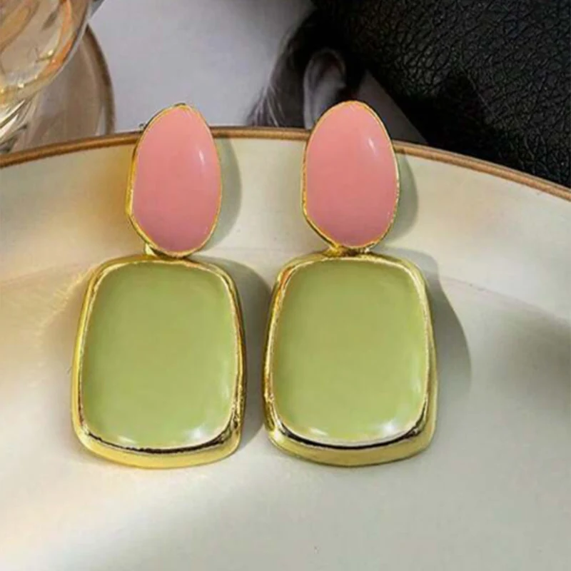 Korean Multicolor Square Dangle Stud Earrings For Women Green Purple Pink Bule Semi-Precious Stone Earrings Pastoral Style