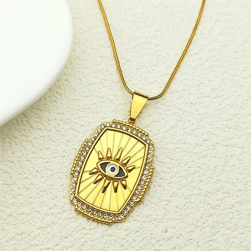 

Black Devil Eye Rhinestones Pendant Necklace For Women Men Stainless Steel Gold Color Turkish Eye Chain Amulet Jewelry Gift