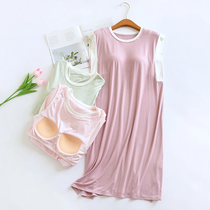 

Women Patchwork Sleeveless Round Neck Pullover Nightdress With Chest Pads Summer Thin Fashion Loose Comfort Female Home Pajamas