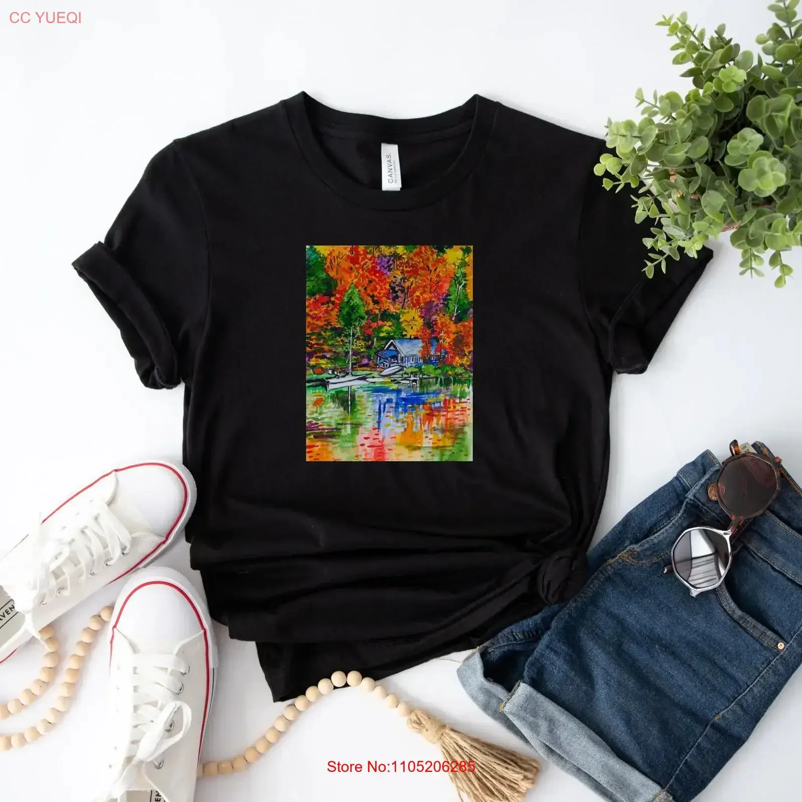 Lakeside Cabin T-shirt Zwaar Katoen Herfst Bos Landschap Hand Ontworpen Aquarel Kunst Natuur Minnaar Leuke Kleding vintage