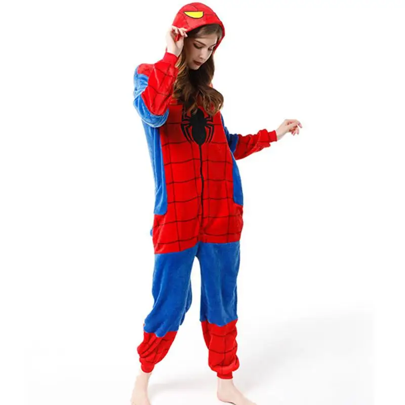 Kawaii Marvel Anime Peripherals Spider Man Iron Man Cartoon Women\'s Winter Warm Flannel One-Piece Pajamas Birthday Gift