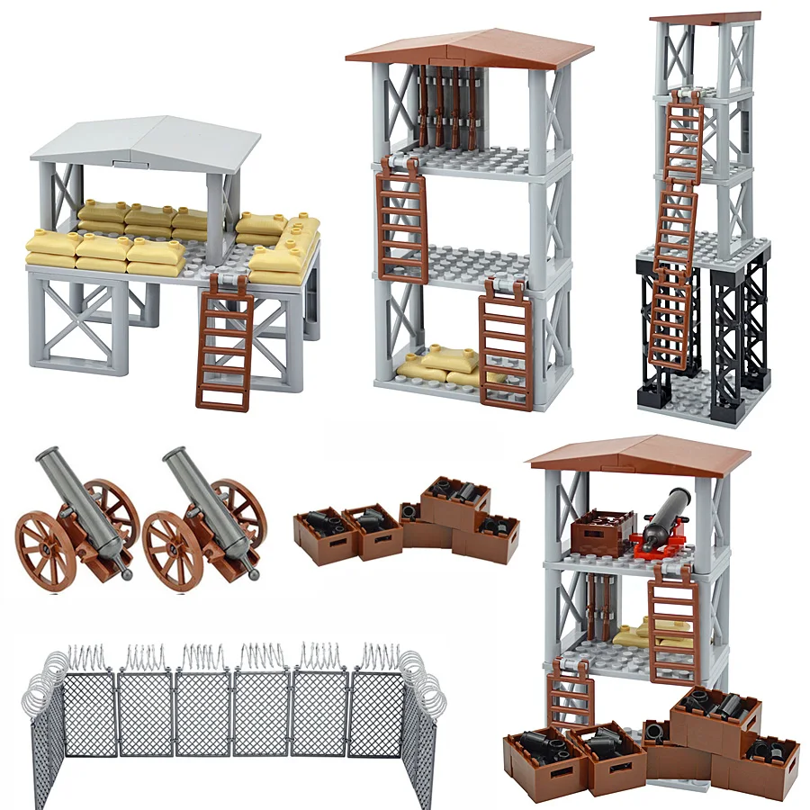 MOC Military Sentry Tower Cannon Fence Barbed Wire Building Set WW2 SWAT Soldier Army Construction Blocks Scene Model Toys