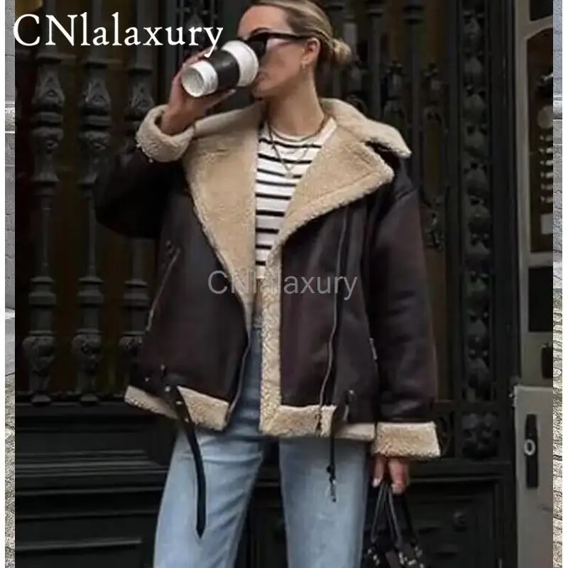 CNlalaxury Autumn Winter Women Faux Lamb Fur Leather Jacket With Belt Streetwear Female Zipper Loose Moto Biker Coat Outwear