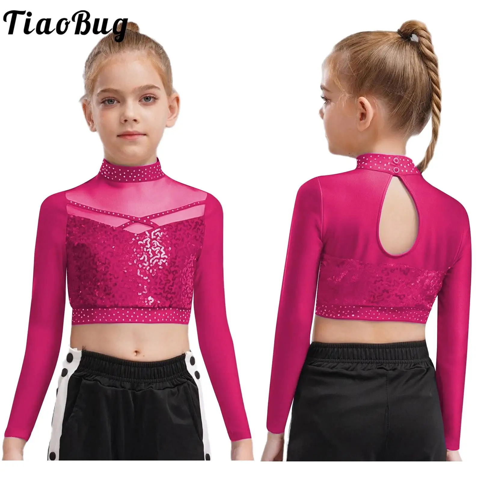 

Kid Girls Figure Skating Jazz Dance Performance Costume Tango Modern Dancewear Long Sleeve Sheer Mesh Patchwork Sequins Crop Top