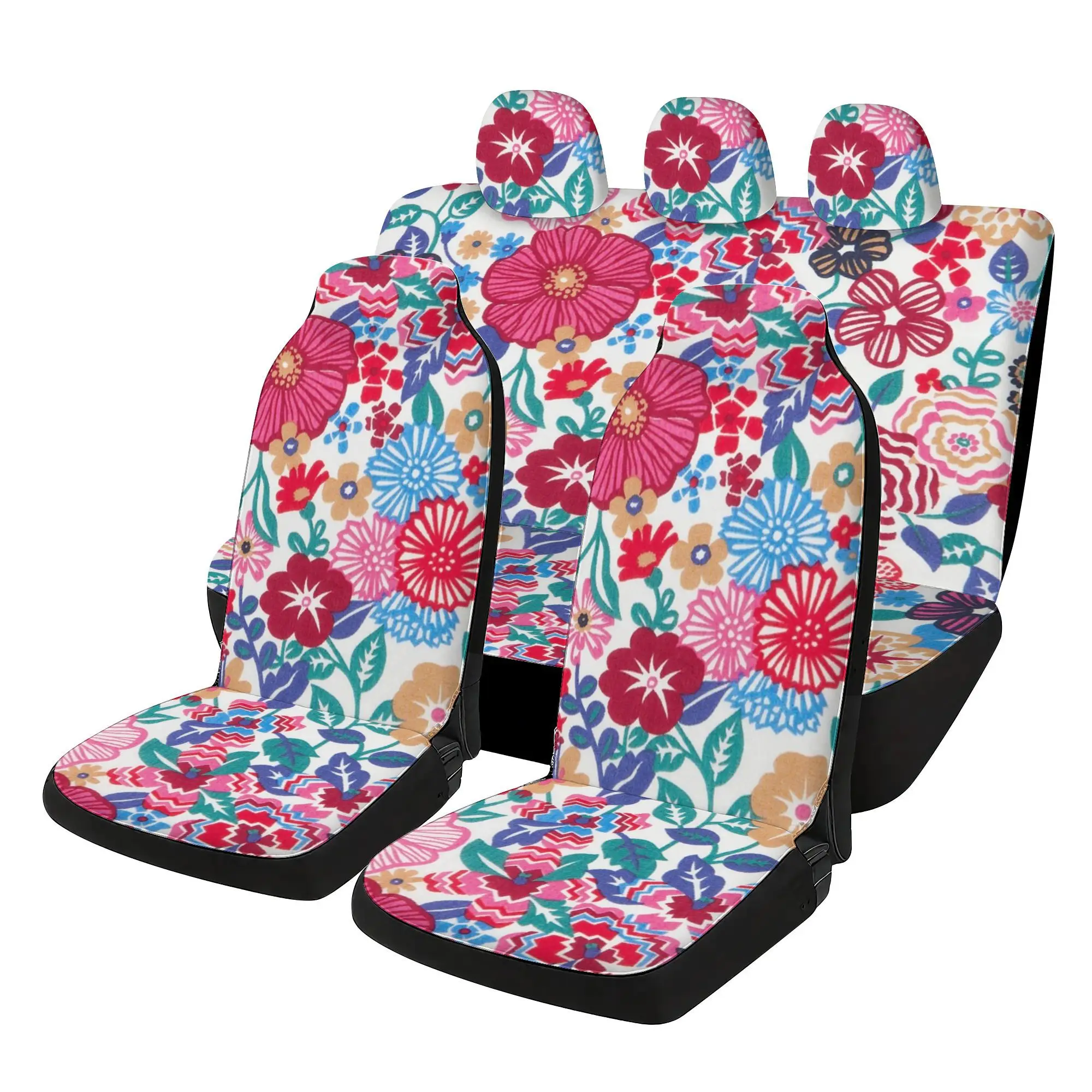 Full Set Light Base Colorful Floral Composite Pattern Five Seat Car Seat Covers Printed Thickened All Season Complete Seat Prote