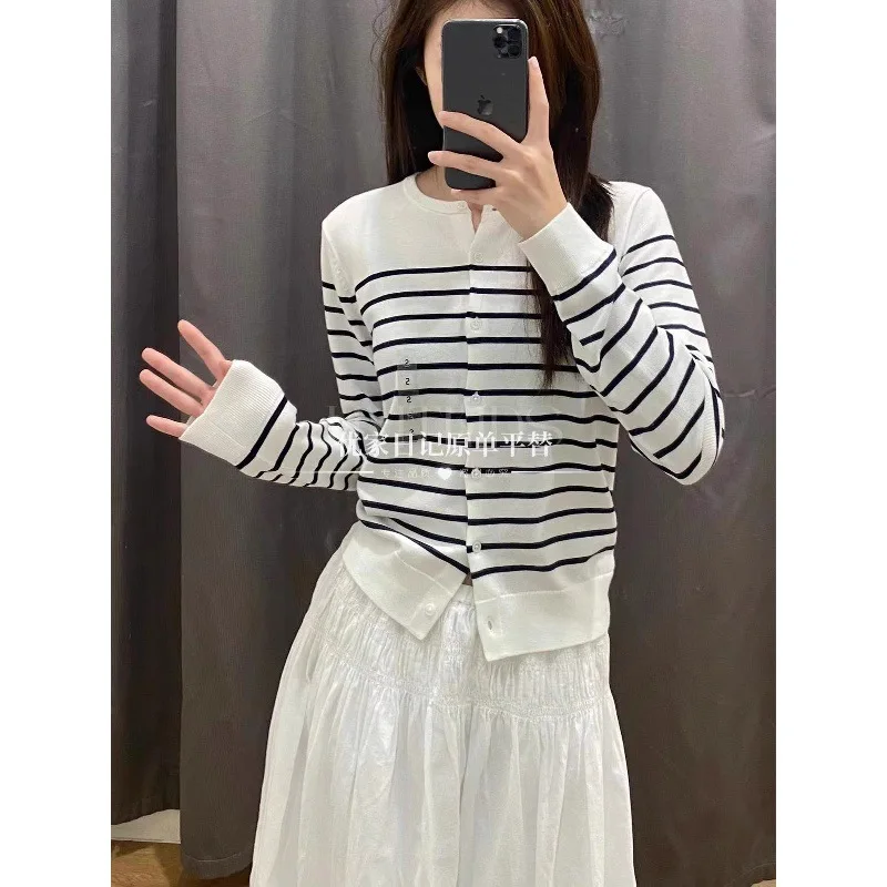 مشروط مزيج القطن طويلة الأكمام مخطط تريكو جولة الرقبة ربيع الخريف جودة الملابس النسائية TikTok جودة ملابس خارجية #4