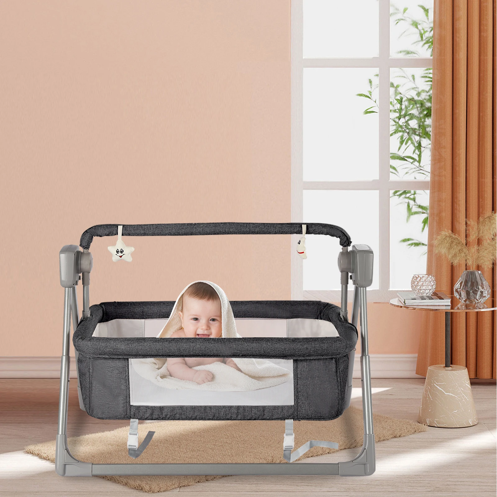 Mecedora automática gris oscuro, cuna eléctrica, cama columpio para bebé, cuna reclinable, cesta, Control remoto de música