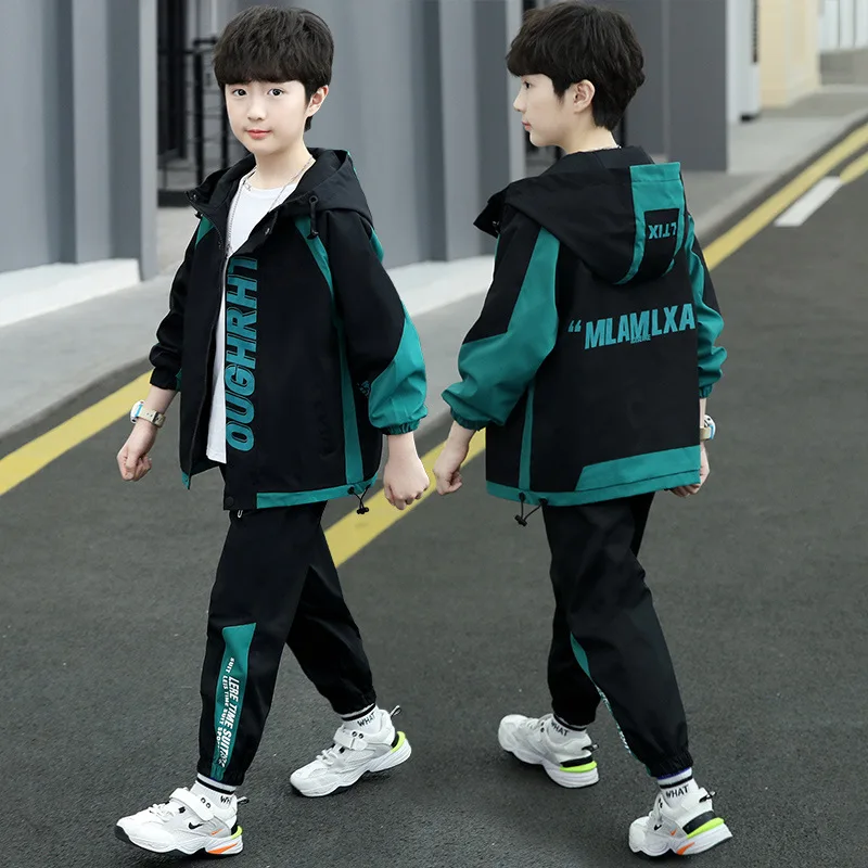 Spring Winter Boys Teenager Kids Tracksuit Hooded Jacket Zipper Splicing Striped Pants Set Ages 8-12 Year Old