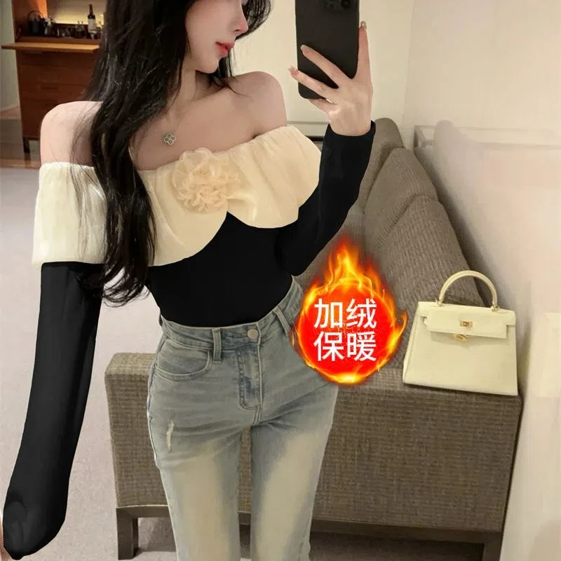 

Женская модная футболка с длинными рукавами и дизайном на одно плечо, сладкий и пряный сексуальный облегающий короткий топ