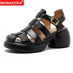 MORAZORA 2024 New Genuine Leather Sandals Women Shoes Chunky Heels Summer Shoes Fashion Street Daily Shoes Platform Sandals