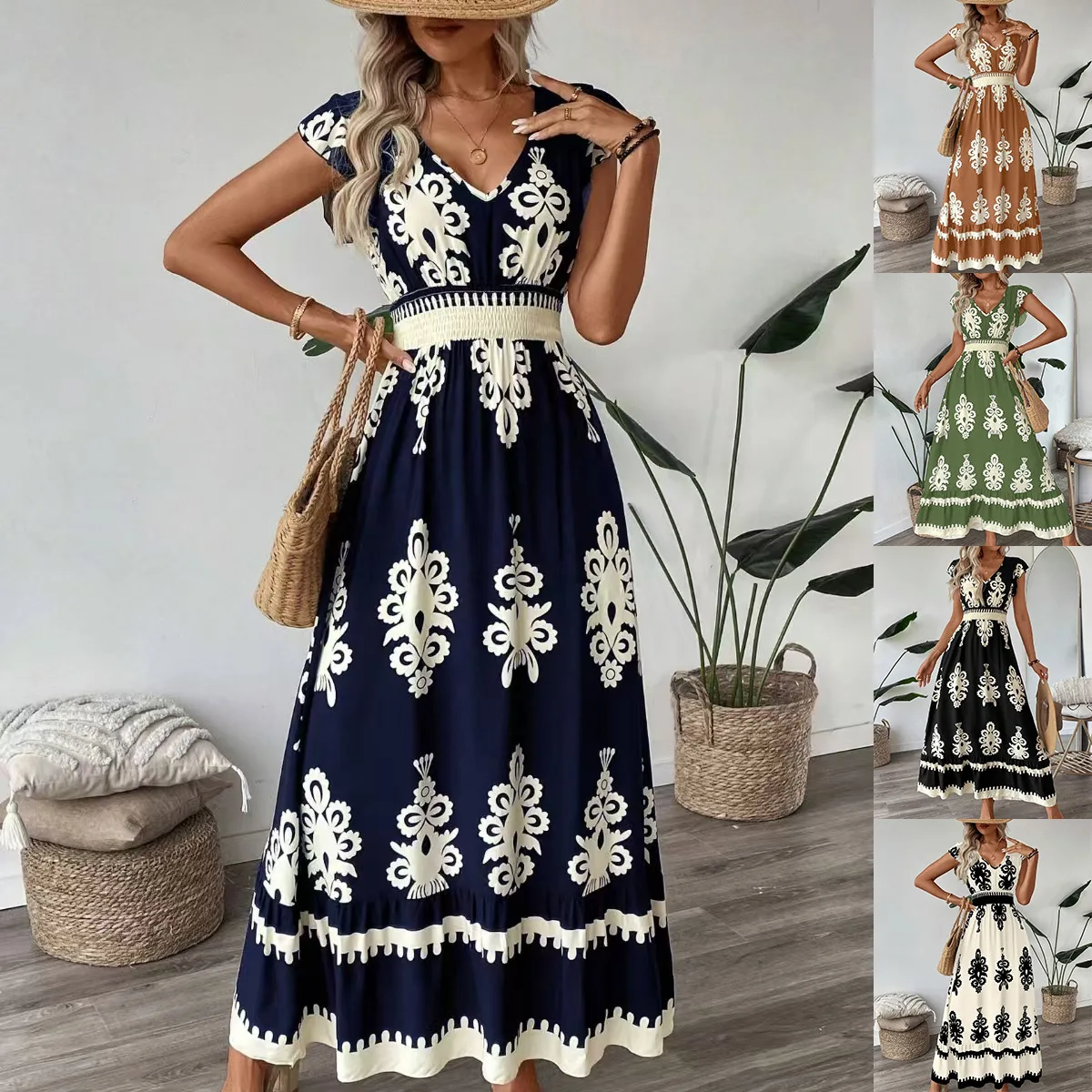 

Fashionable Printed V-Neck Waist Tied Long Dress for Summer Women, Elegant Pleated Sleeves, High Waisted A-Line Slim Fit Dress