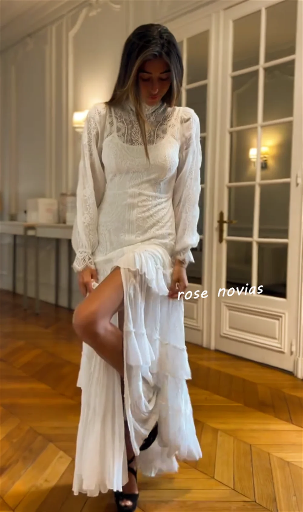 Customized Lace Ruched High Collar A-line Long Dresses Bespoke Occasion Wedding Party Simple Elegant Formal Charming image 3