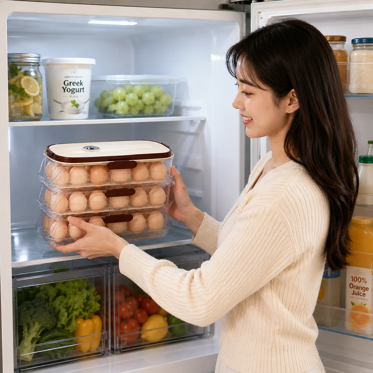 Double-Row Triple-Tier Egg Holder With Cushioned Slots, A Locking Handle, And Reinforced Corners For Safe Transport