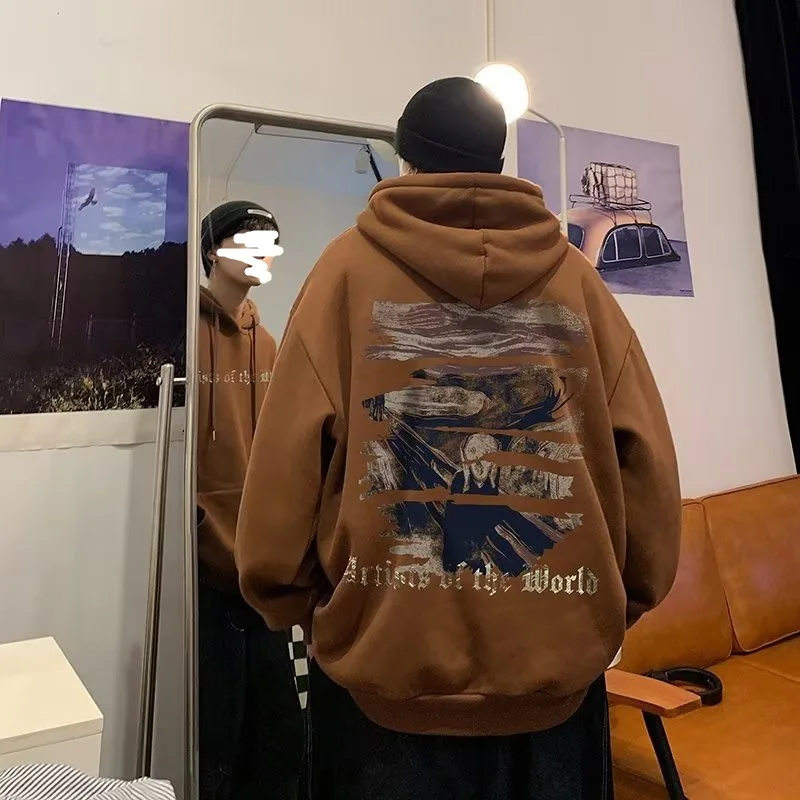 

High Street American Hooded Sweater Men's Autumn and Winter New Trendy Brand Fleece Loose Top Clothing Teen Casual Jacket