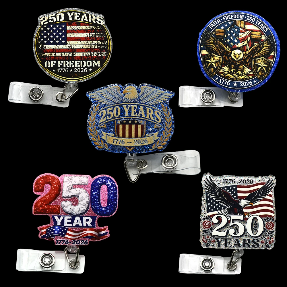 Limited Edition 250 Years USA Badge Reel Blue Glitter Eagle Shield Retractable ID Clip for Nurses Teachers Security Personnel