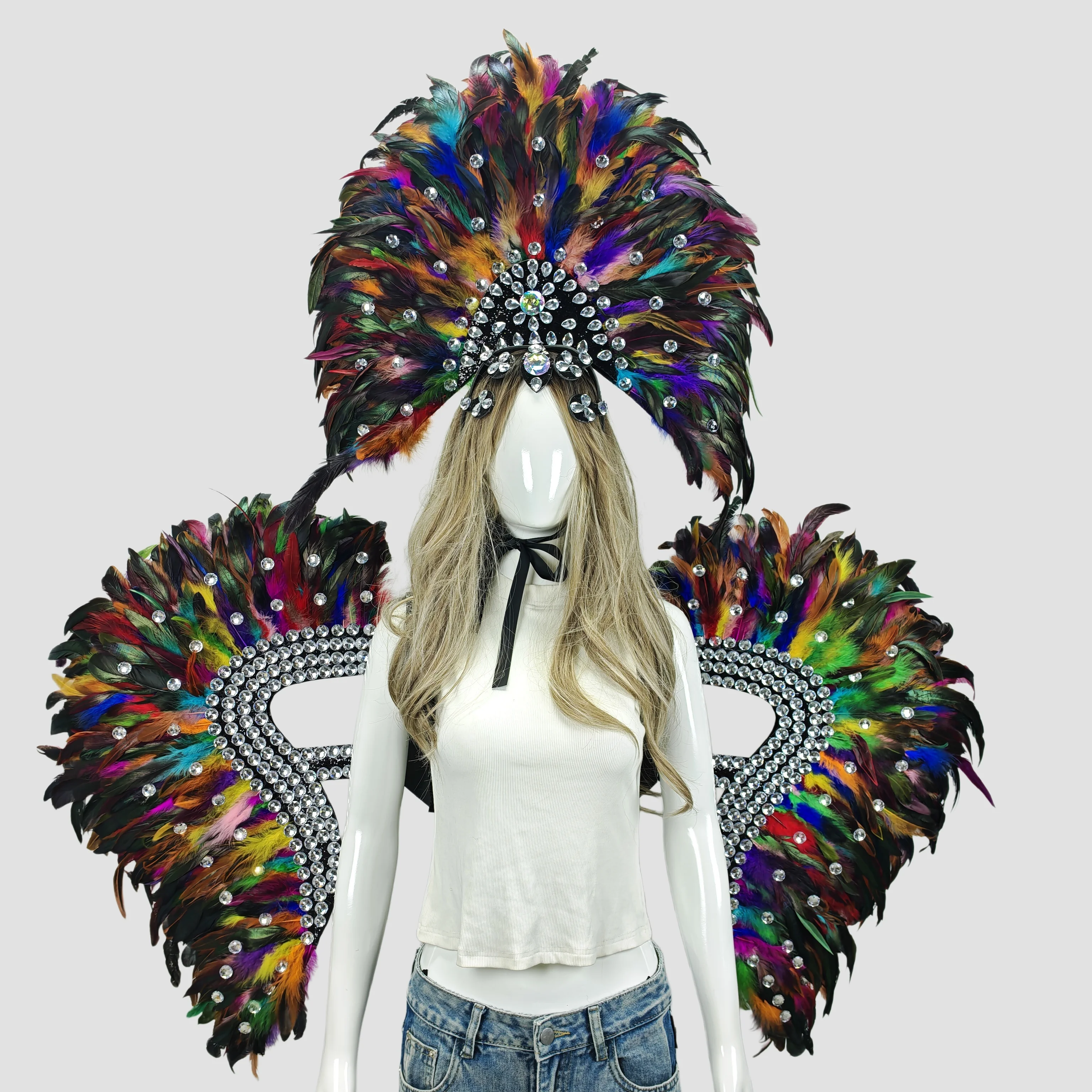 This popular feather headdress and wings set is perfect for carnivals, Halloween,festivals,masquerade balls, and party costumes.