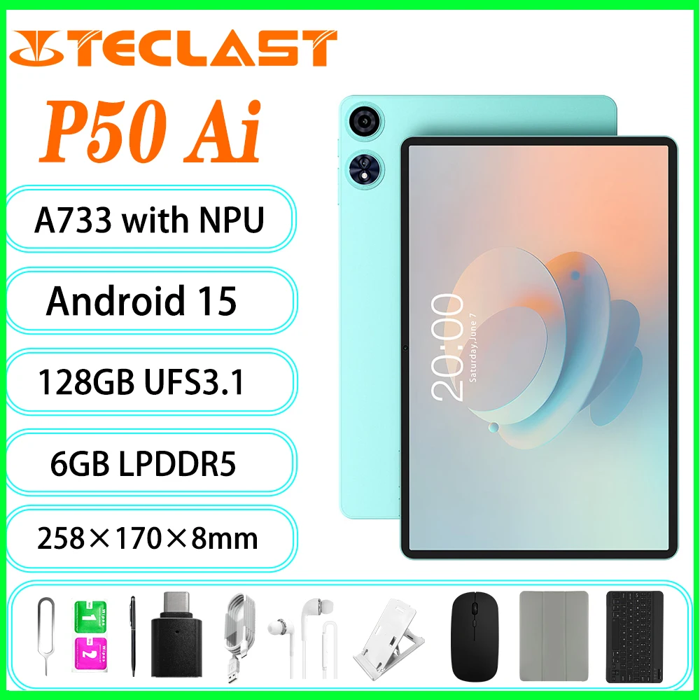 タブレット Teclast P50 Ai Allwinner A733 オクタコア 11 インチ TDDI スクリーン 6GB RAM 128GB ROM Android15 WiFi6 7000mAh デュアル Type-C 充電