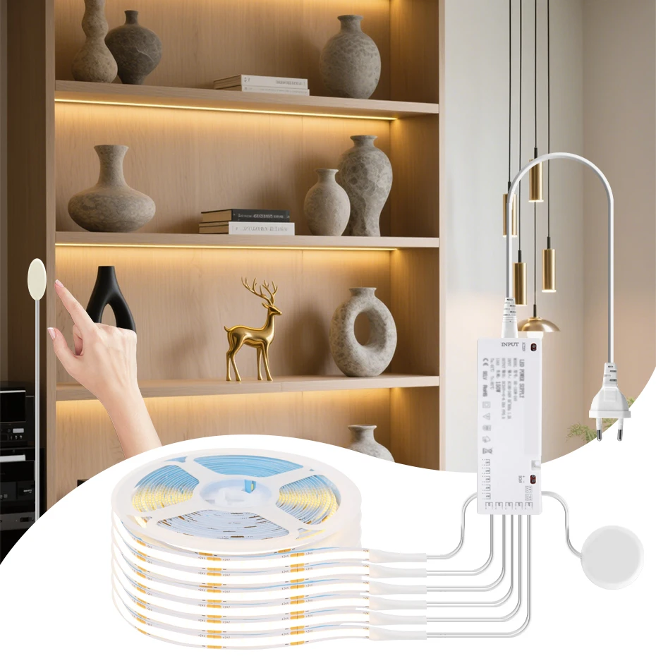 

EU AU UK US Power Dimmable Touch Sensor 12V COB LED Strip Cabinet Light Bookcase Wardrobe Closet Lampara Tape Penetrable Wood