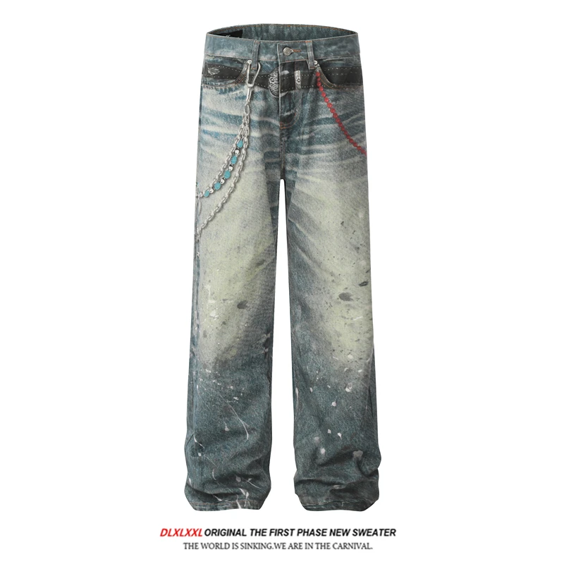 

GXFortune 3D Printed Chain Pendant Casual American Style Jeans Loose Straight Leg mid Waist Long Pants Faux Splattered Ink