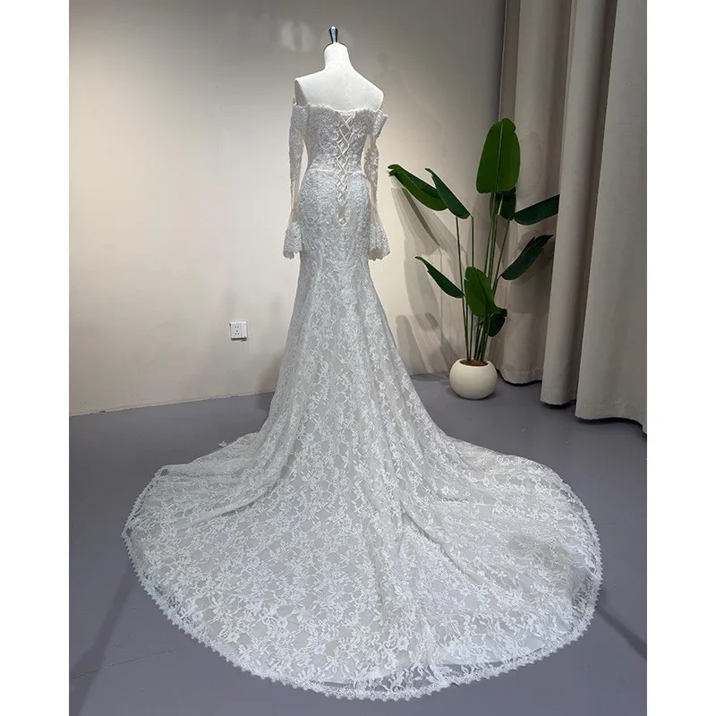 

One-shoulder light chiffon simple long-sleeved forest lace outdoor fishtail welcome dress