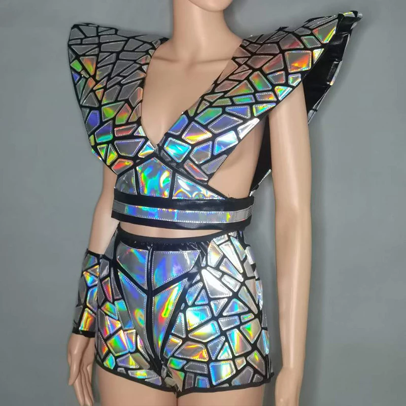 Laser Mirror Sequins Gogo Dance Stage Costume Nightclub Jazz Dancewear Flying Shoulder Tops Dancer Stage Wear Rave Outfit