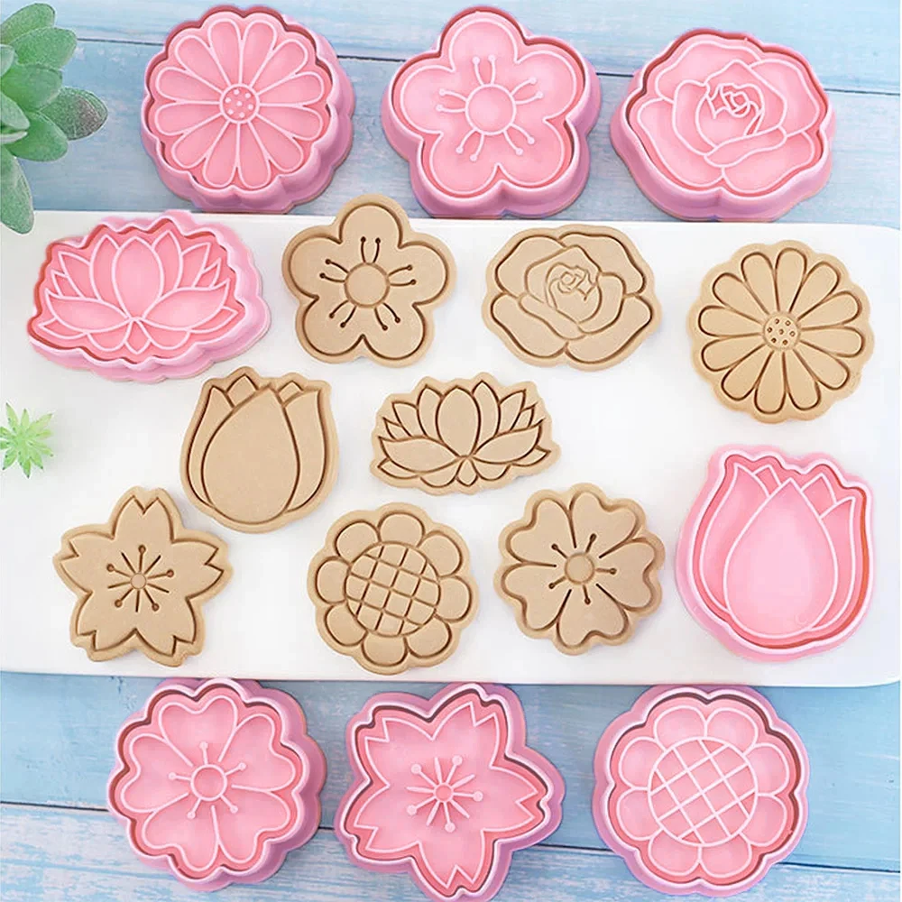 Flowers Cookie Cutters With Plunger Stampers Set,8 Pieces 3D Flowers Embossing Cutters For Biscuit Fondant Cheese Baking Tools