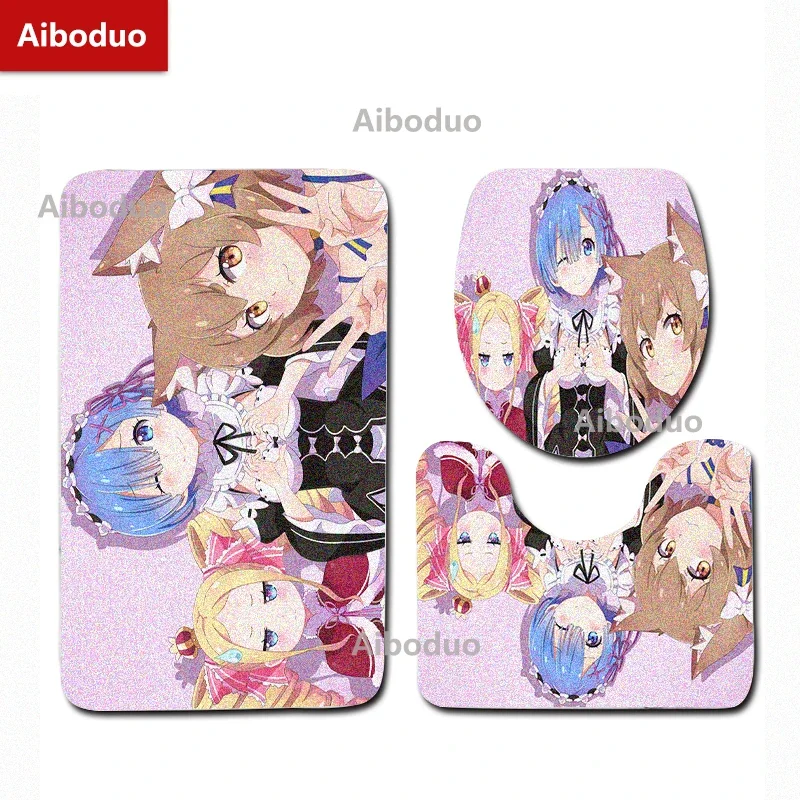 Aiboduo Re:zero 3pcs/set Toilet Lid Cover Set NonSlip Carpet Bath Mat Anime Girl Rem Warm Home Decoration Absorbent Restroom Rug