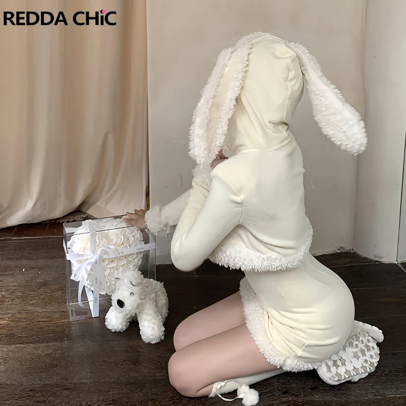 REDDACHiC Rabbit Ears Hood Cardigan Short Dress Women Matching Set Sherpa Fleece Spaghetti Strap Bodycon Cute Winter Xmas Outfit