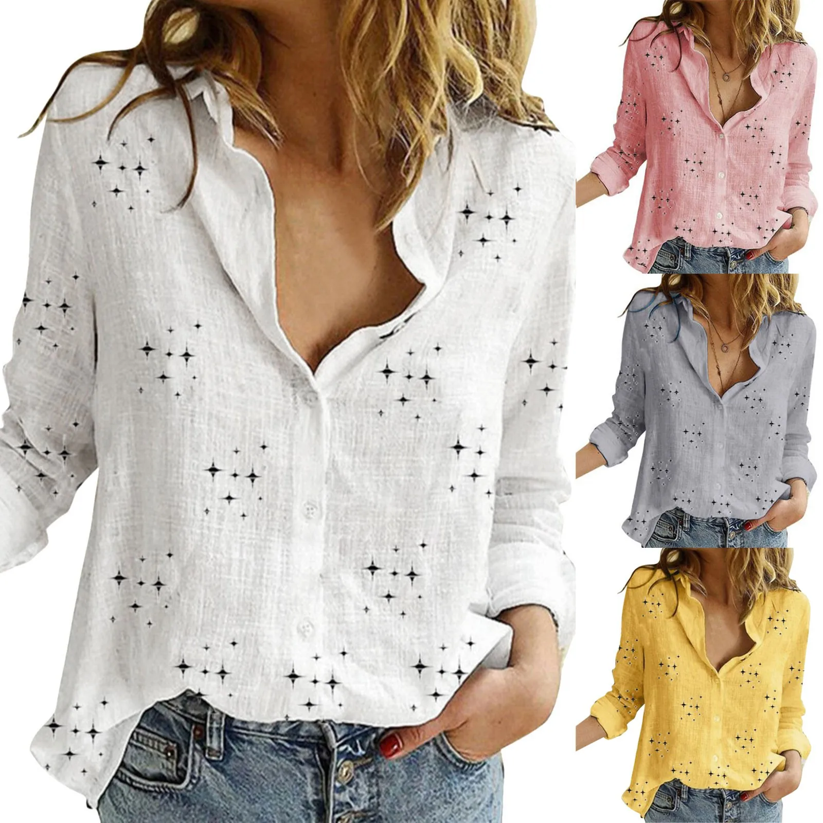 Womens Linen Shirts Casual Long Sleeve V Neck Blouse Shirt Button Down Ladies Casual Linen Solid Loose Vintage Overshirt