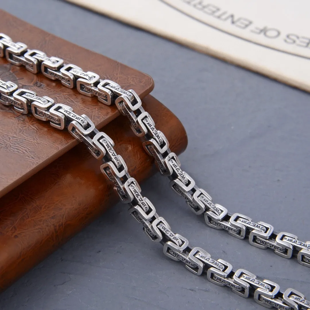 

S925 sterling silver Personalized Vintage six word mantra square chain men's gift Elegant Thai silver necklace trendy