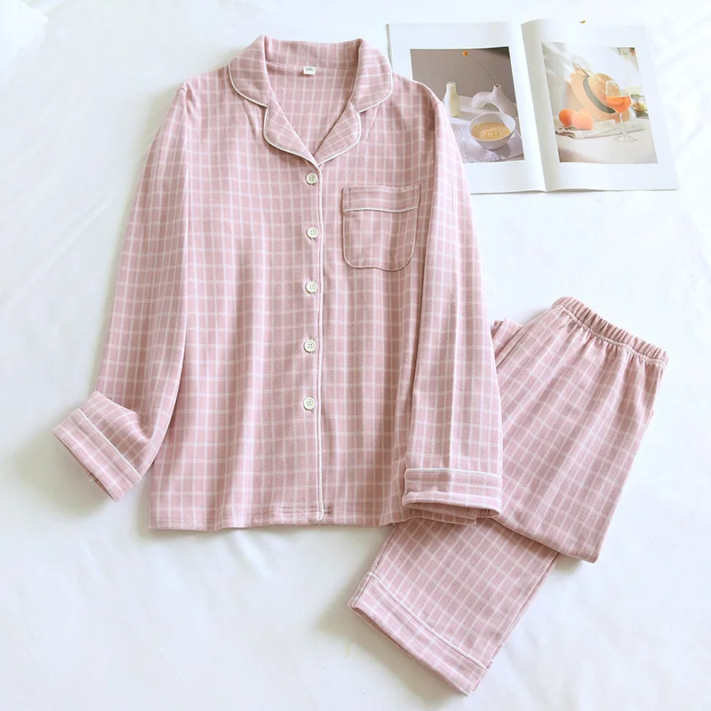 Couple Sleepwear Cotton Two-Piece Plaid Print Pajamas For Women Pyjamas Set 2024 Autumn Long Sleeve Nightie Trouser Sets