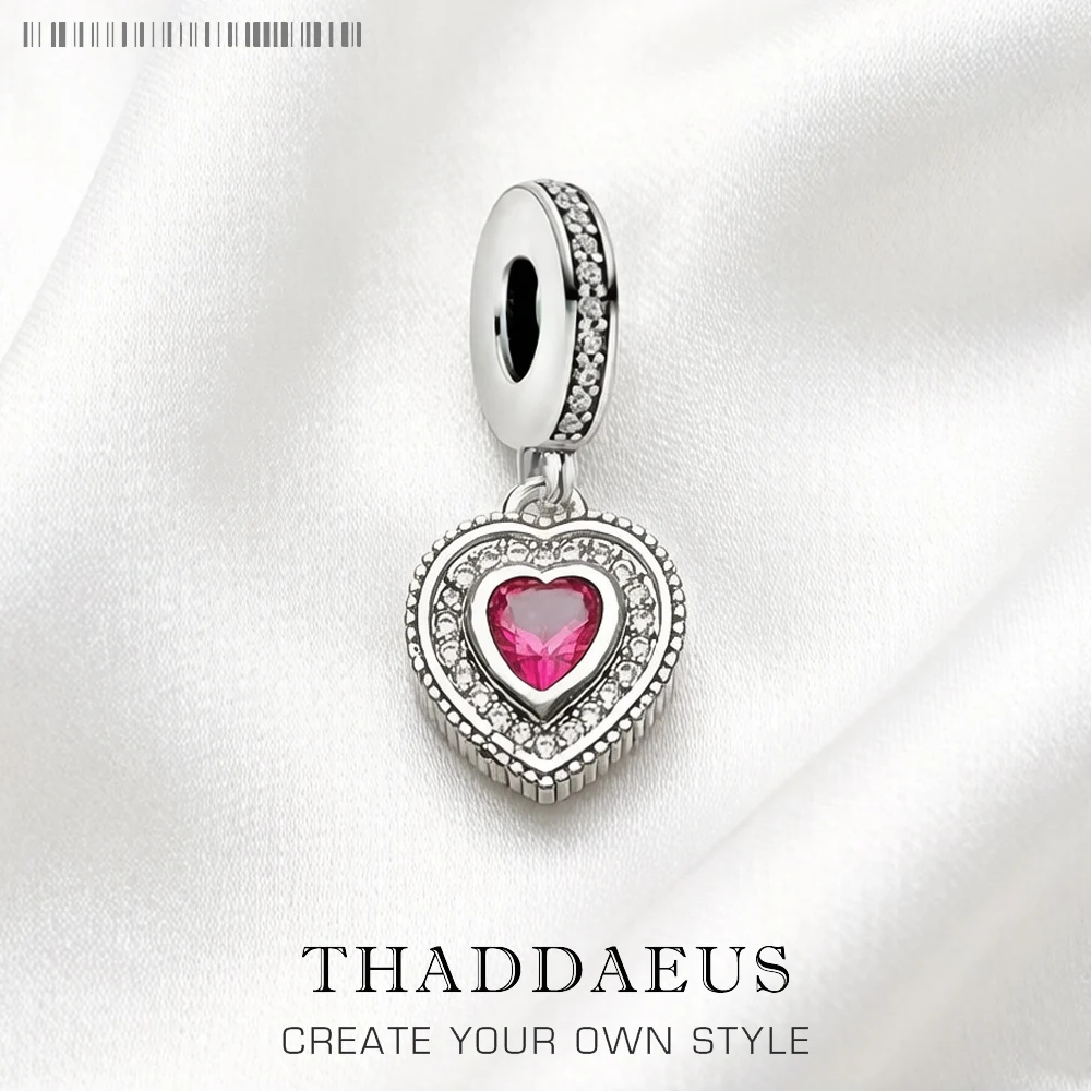 Heart With Red Stone Charm Vintage Sterling Silver 925 Fashion Jewelry Women Eternal Love Gift