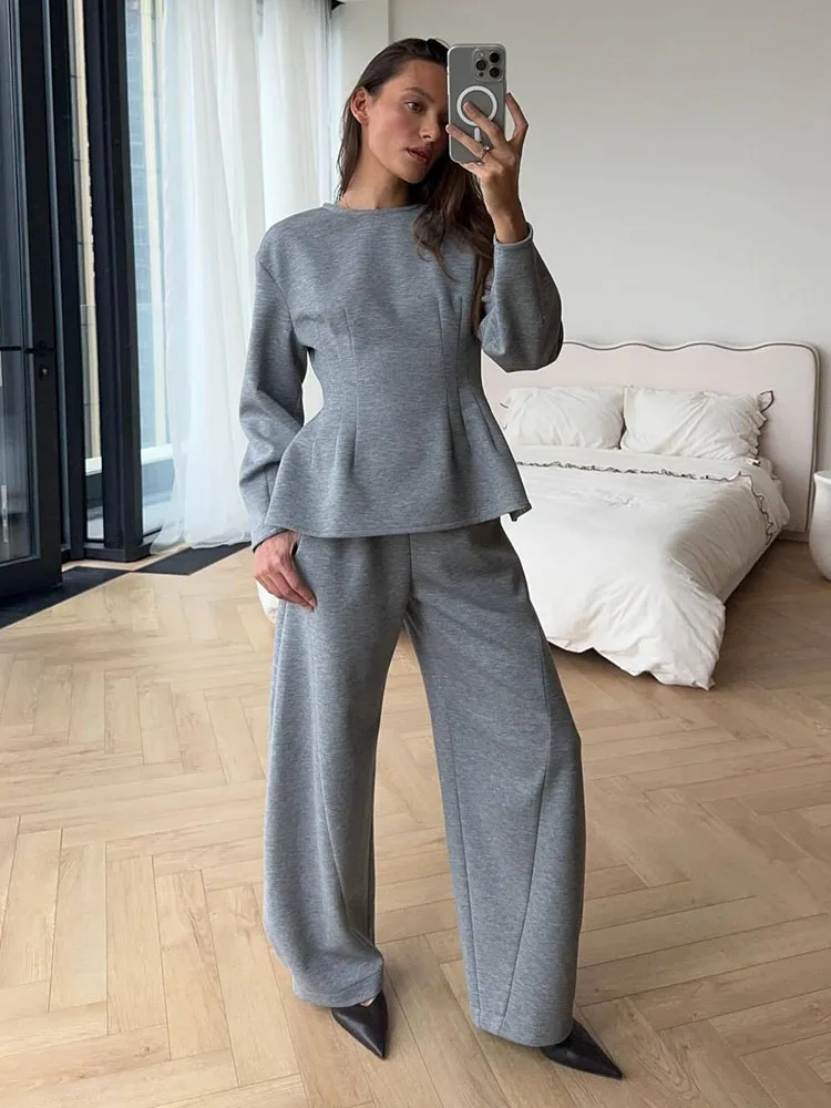 

BJTZ 2026 Spring Autumn Women Solid Crew Neck Long Sleeve Top Wide Leg Pants 2 Piece Set Casual Tracksuit Outfits