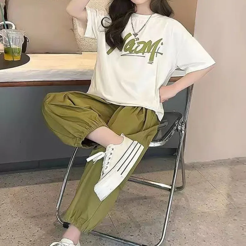 2024 summer Child set Clothes Girls tracksuit letter t shirt + green Sport Ankle-tied pants Kid Teenager 5 6 7 8 9 10 11 12 year